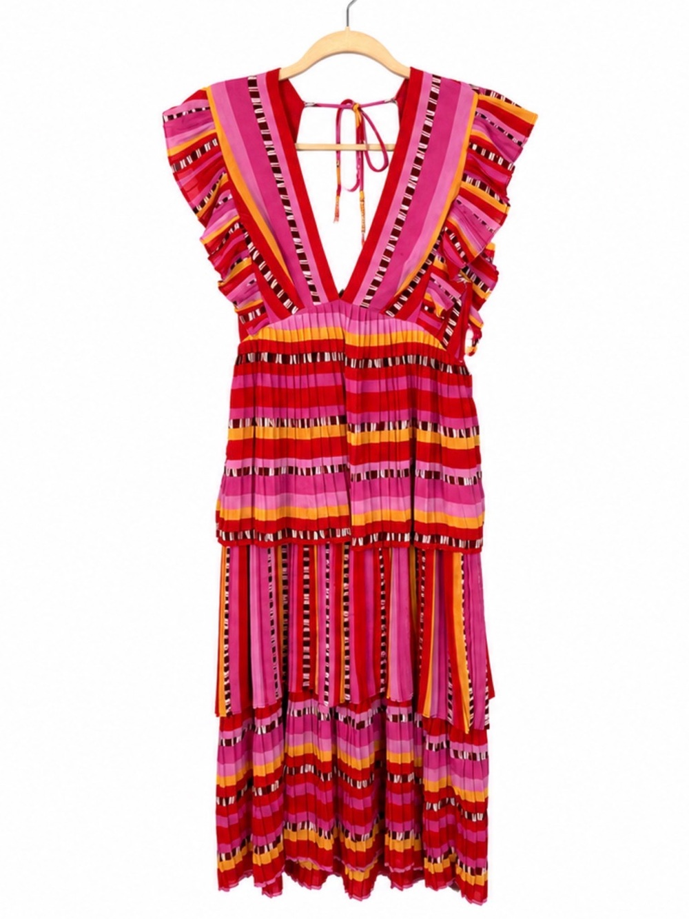 FARM Rio Lucy Pleated Pink, Red & Orange Striped V‑Neck Tiered Midi Dress